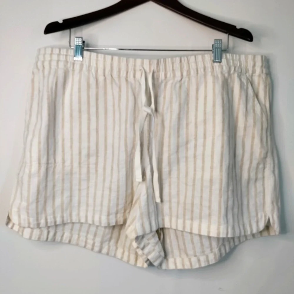 J Crew Linen Blend Beige‎ Stripe Drawstring Beach Resort Preppy Shorts Women 2X